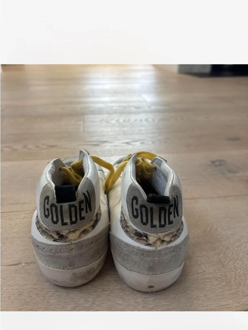 Golden Goose White Leather Mid-Top Sneakers with Black Star and Yellow Laces - Picture 6 of 6